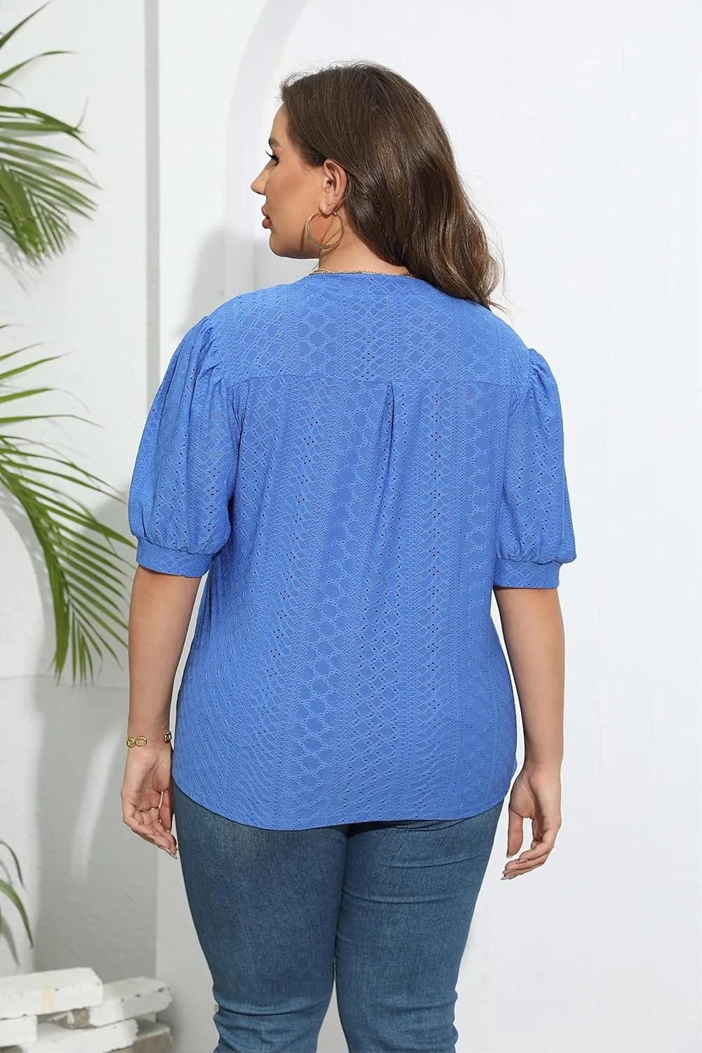 Womens Plus Size T-Shirts V-Neck Puff Short Sleeve Tops Casual Summer Eyelet Tunic Top Cute Hollow Out Blouses