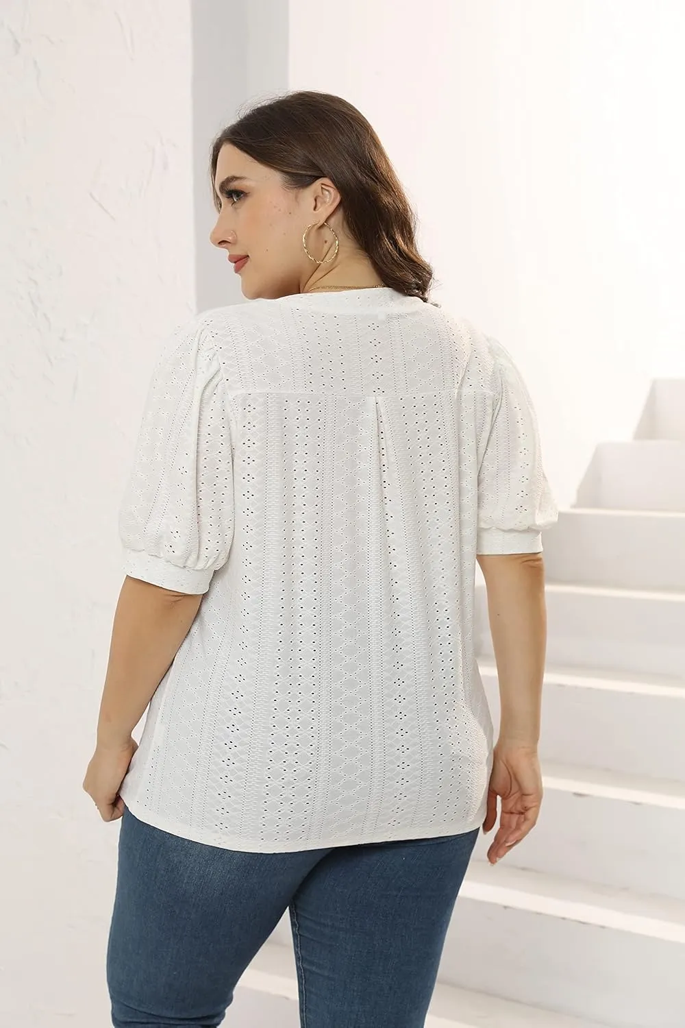 Womens Plus Size T-Shirts V-Neck Puff Short Sleeve Tops Casual Summer Eyelet Tunic Top Cute Hollow Out Blouses