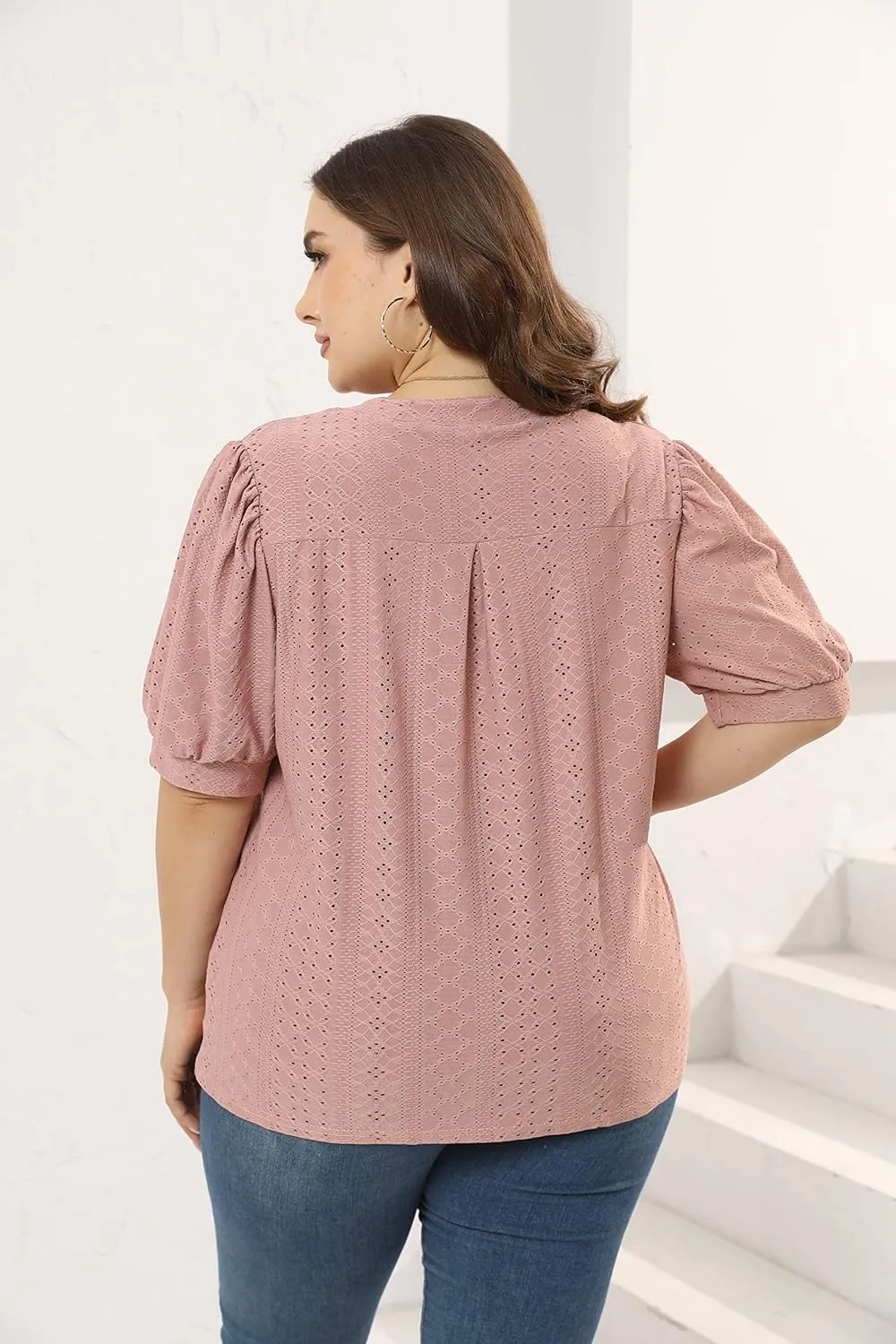 Womens Plus Size T-Shirts V-Neck Puff Short Sleeve Tops Casual Summer Eyelet Tunic Top Cute Hollow Out Blouses