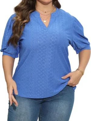 Womens Plus Size T-Shirts V-Neck Puff Short Sleeve Tops Casual Summer Eyelet Tunic Top Cute Hollow Out Blouses