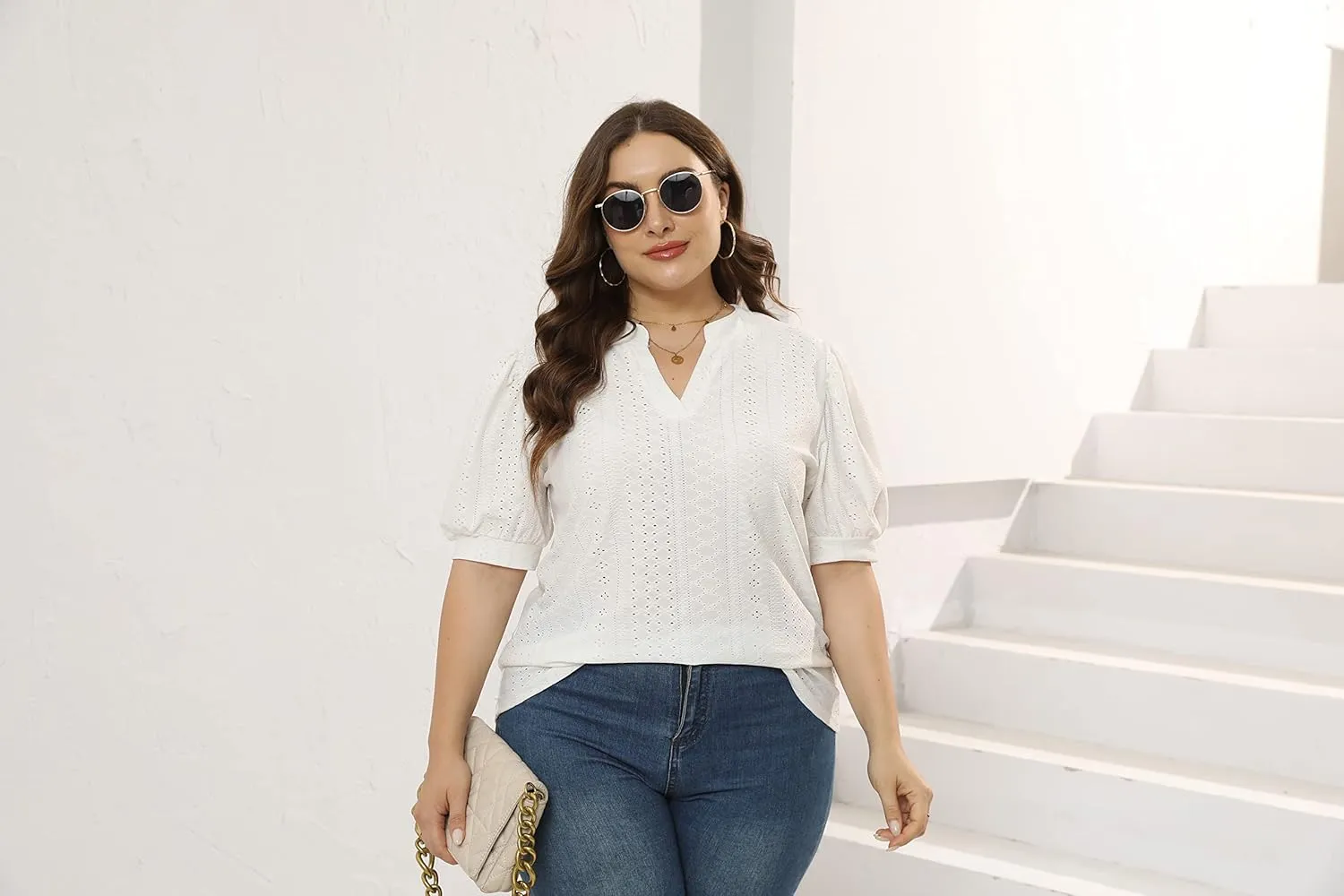 Womens Plus Size T-Shirts V-Neck Puff Short Sleeve Tops Casual Summer Eyelet Tunic Top Cute Hollow Out Blouses