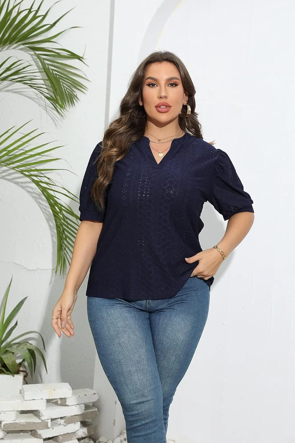 Womens Plus Size T-Shirts V-Neck Puff Short Sleeve Tops Casual Summer Eyelet Tunic Top Cute Hollow Out Blouses