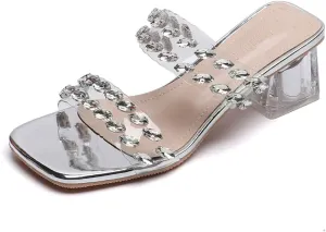 Womens PVC Two Strap Pearl Crystal Chunky Heeled Sandals Summer Square Open Toe Slip On Transparent Block Mid Heel Dress Sandal for Sexy Cute Party Wedding Shoes