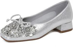 Women's Rhinestone Pearl Bowknot Chunky Heel Pumps,Square Toe Comfort Slip on Walking Dress Shoes Classic Office Wedding Party Shoes