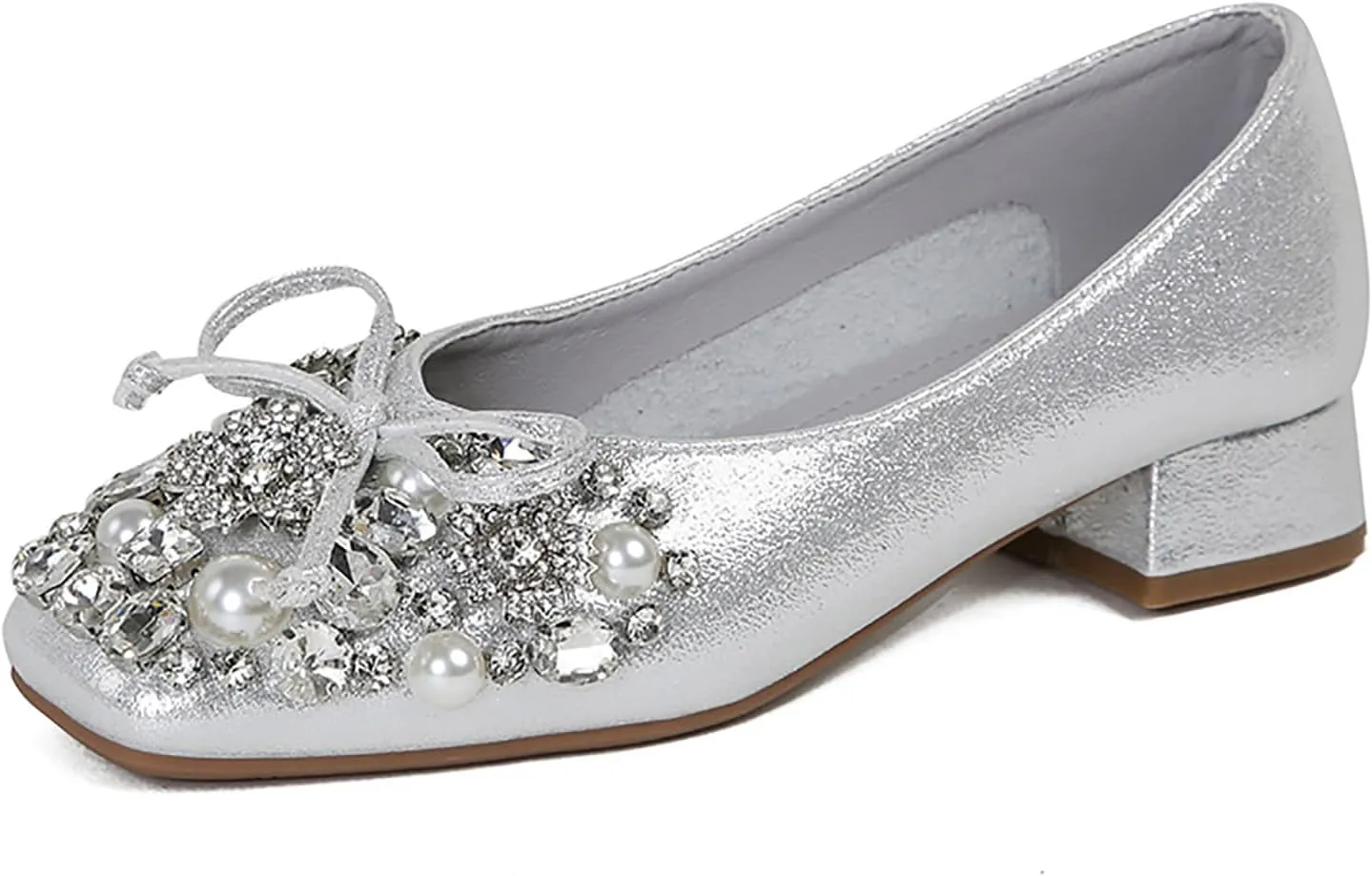 Women's Rhinestone Pearl Bowknot Chunky Heel Pumps,Square Toe Comfort Slip on Walking Dress Shoes Classic Office Wedding Party Shoes