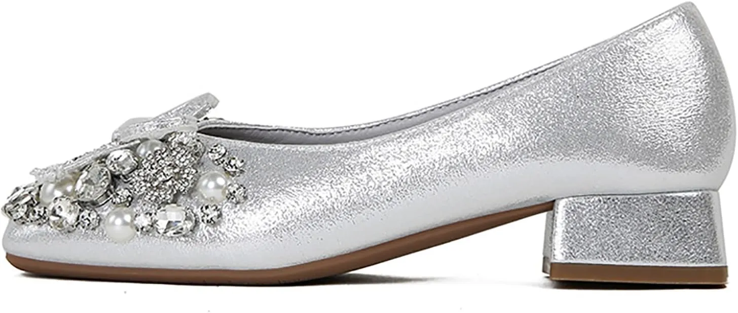 Women's Rhinestone Pearl Bowknot Chunky Heel Pumps,Square Toe Comfort Slip on Walking Dress Shoes Classic Office Wedding Party Shoes