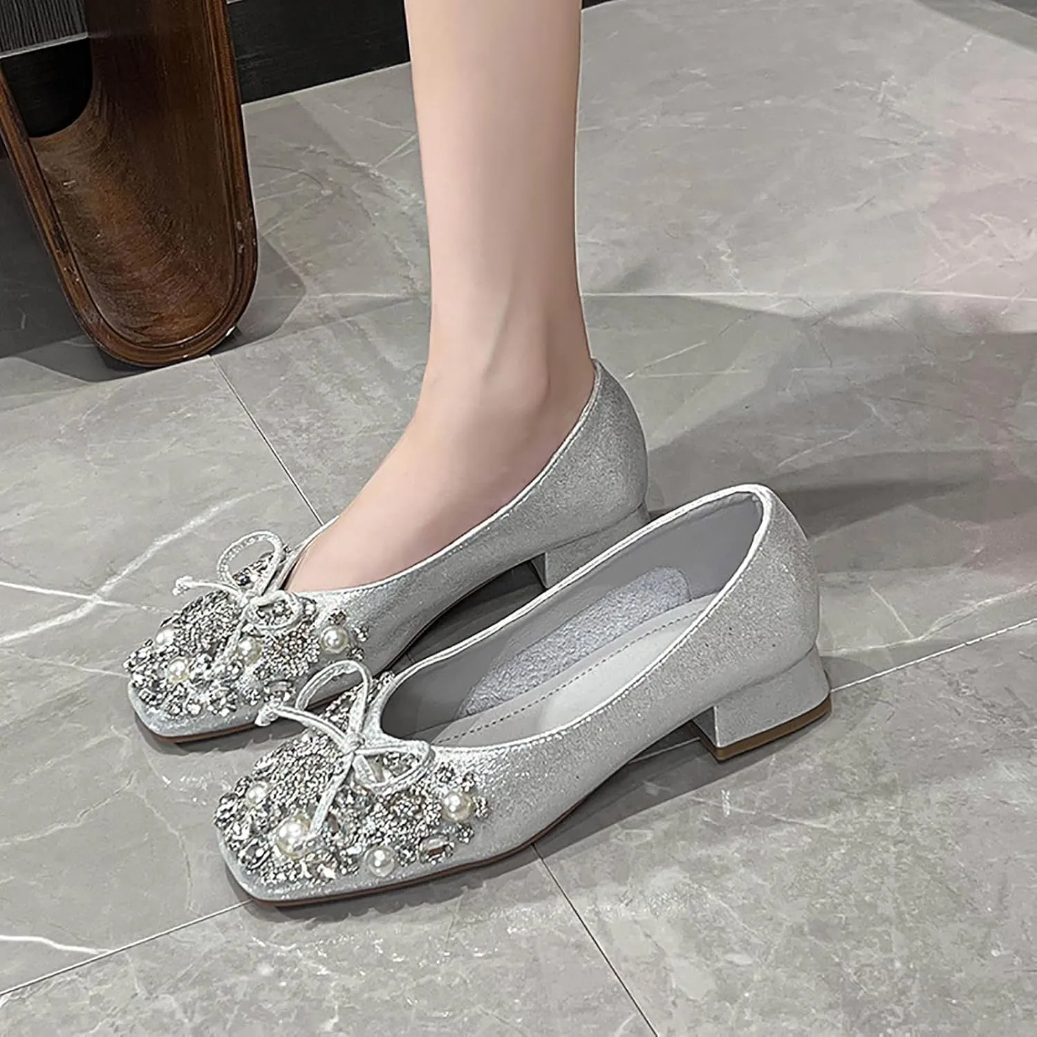 Women's Rhinestone Pearl Bowknot Chunky Heel Pumps,Square Toe Comfort Slip on Walking Dress Shoes Classic Office Wedding Party Shoes