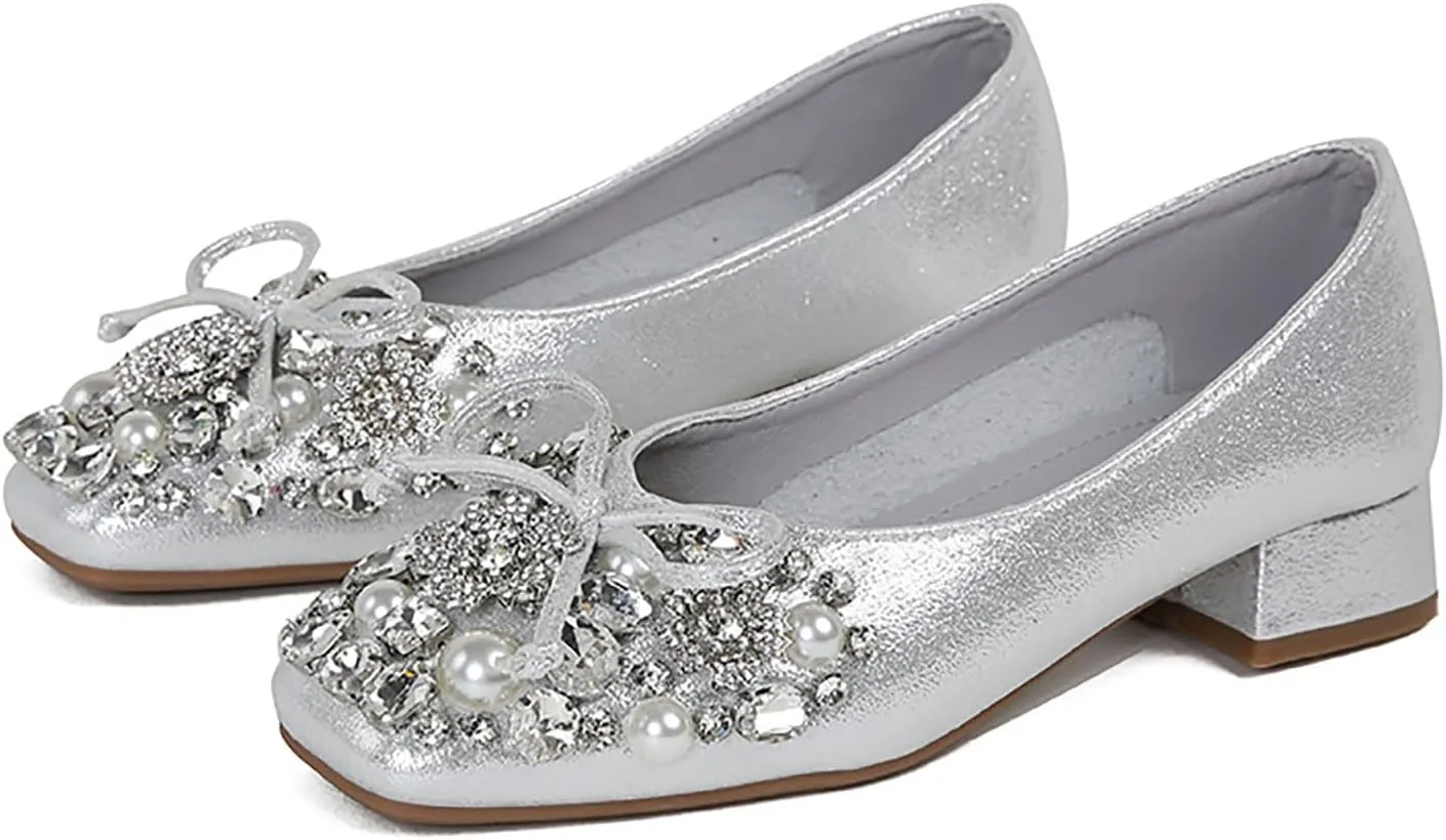 Women's Rhinestone Pearl Bowknot Chunky Heel Pumps,Square Toe Comfort Slip on Walking Dress Shoes Classic Office Wedding Party Shoes