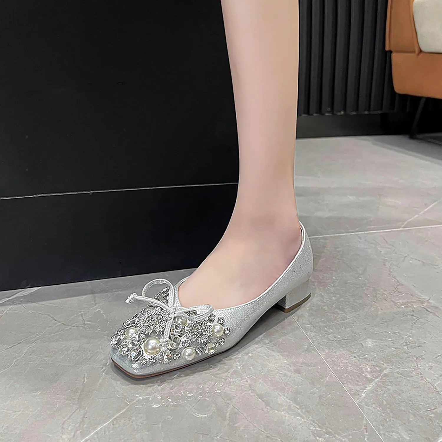 Women's Rhinestone Pearl Bowknot Chunky Heel Pumps,Square Toe Comfort Slip on Walking Dress Shoes Classic Office Wedding Party Shoes