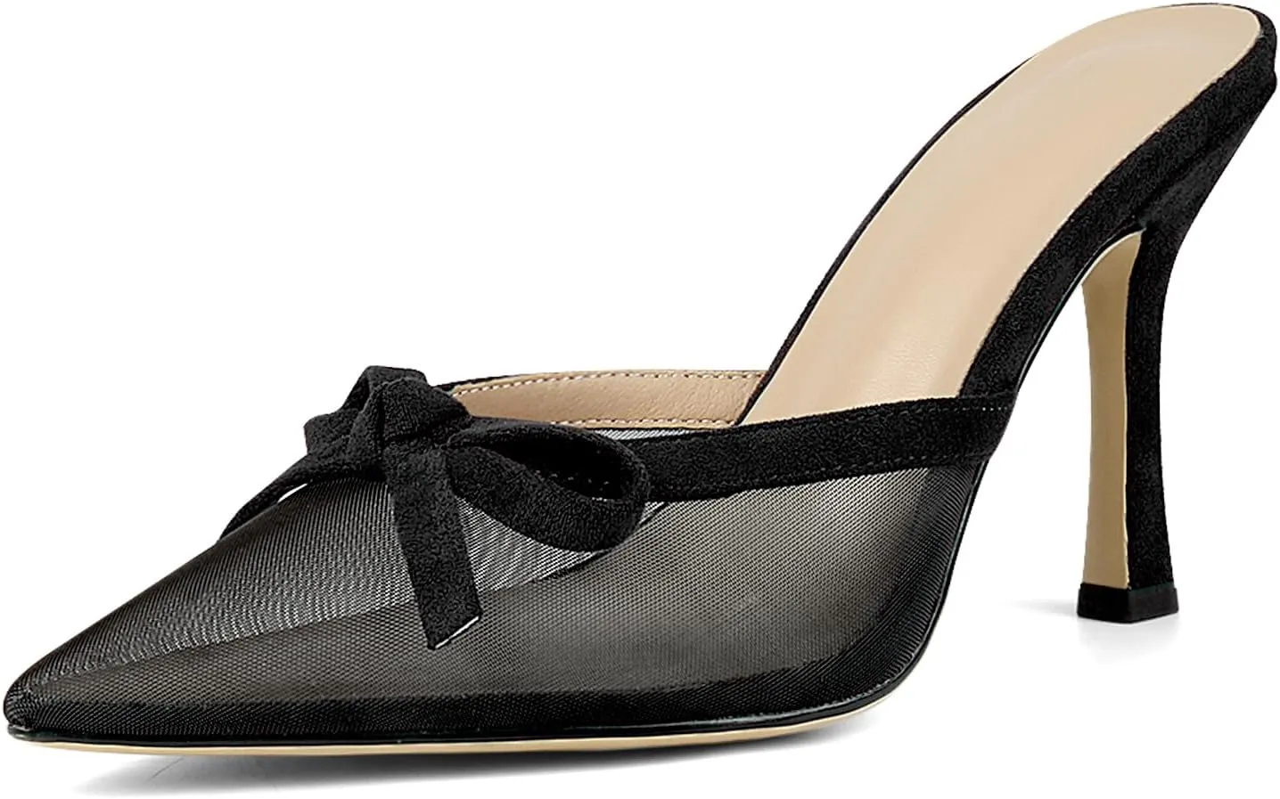 Women's Sexy Kitten Heels Slippers Pointed Toe Bow Embellished Slope Heel Mesh Sandals