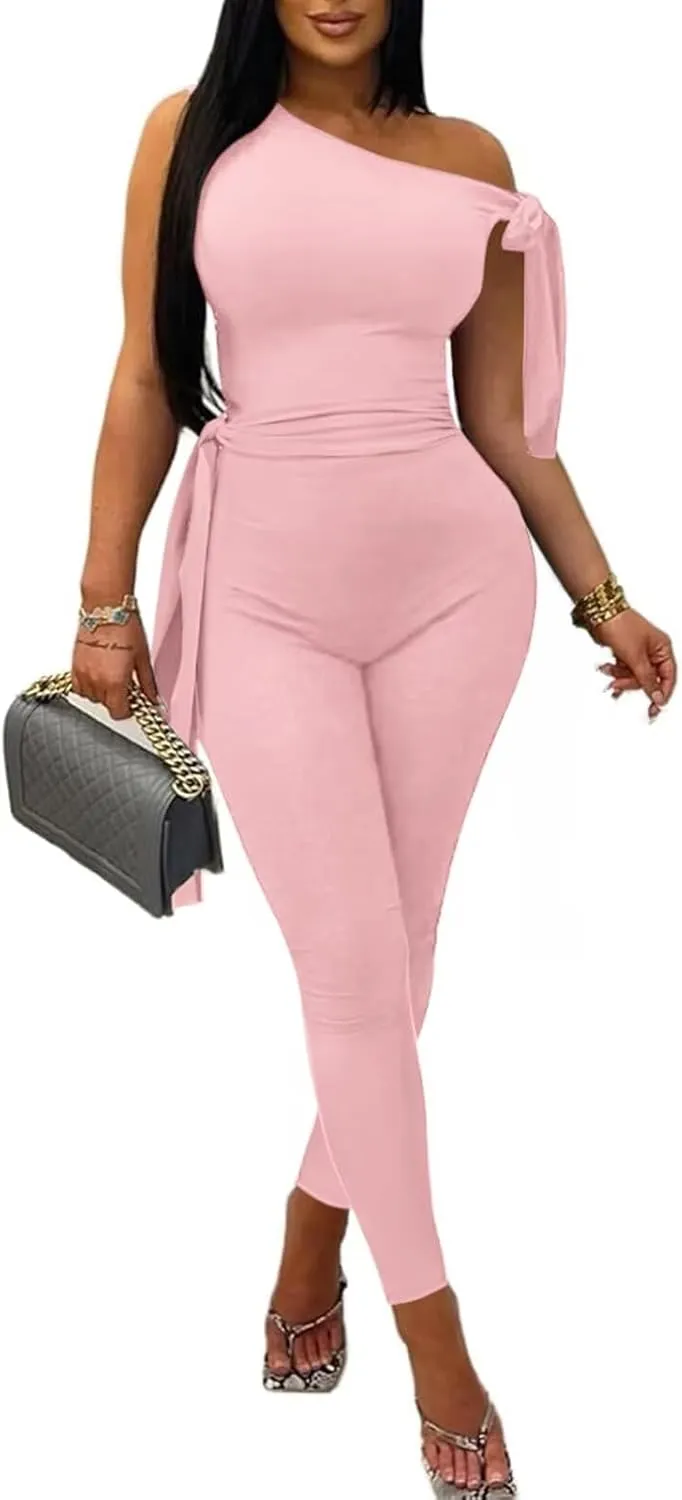 Women's Sexy One Off Shoulder Jumpsuits Sleeveless Bodycon Rompers One Piece Outfits