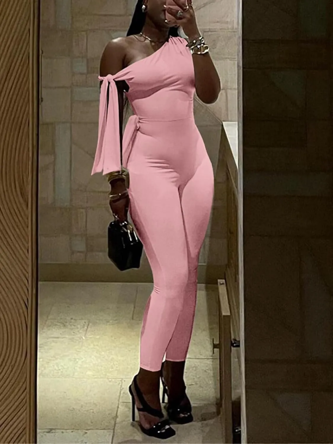 Women's Sexy One Off Shoulder Jumpsuits Sleeveless Bodycon Rompers One Piece Outfits