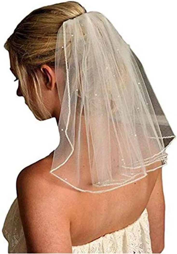 Women's Short Wedding Veils with Comb Lace Appliques Beads Bridal Veil(More)