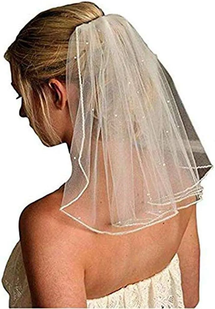 Women's Short Wedding Veils with Comb Lace Appliques Beads Bridal Veil(More)