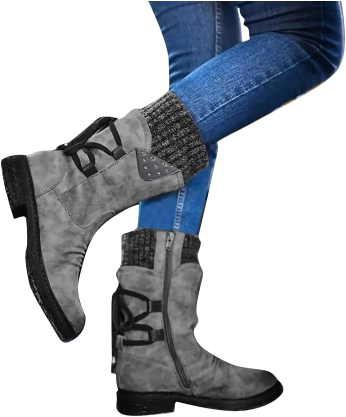 Women's Snow Boots Chunky Platform Boots for Women, Square Toe Shoes Lace up Zip High Heel Booties Combat Mid Calf Boots