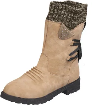 Women's Snow Boots Chunky Platform Boots for Women, Square Toe Shoes Lace up Zip High Heel Booties Combat Mid Calf Boots