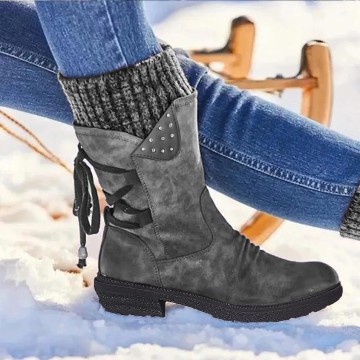 Women's Snow Boots Chunky Platform Boots for Women, Square Toe Shoes Lace up Zip High Heel Booties Combat Mid Calf Boots