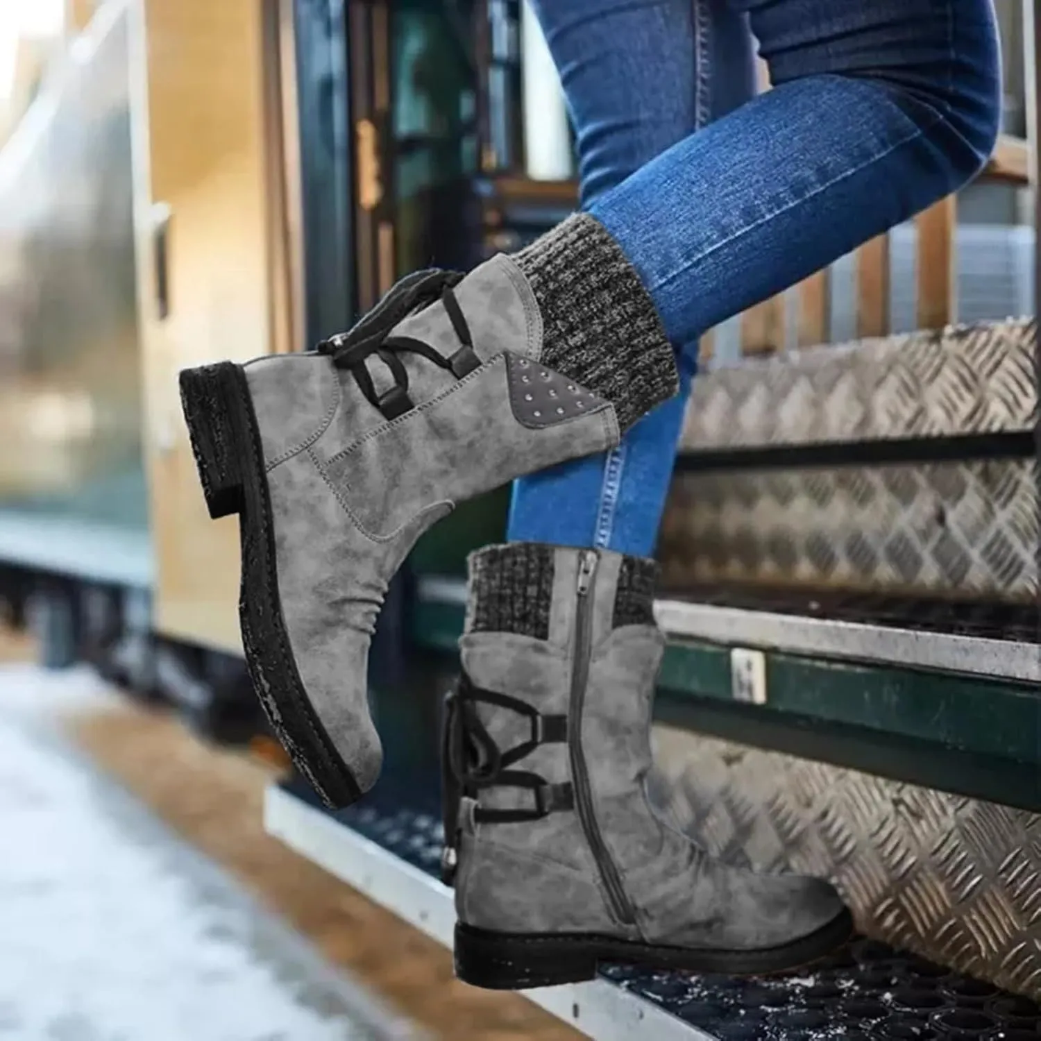 Women's Snow Boots Chunky Platform Boots for Women, Square Toe Shoes Lace up Zip High Heel Booties Combat Mid Calf Boots