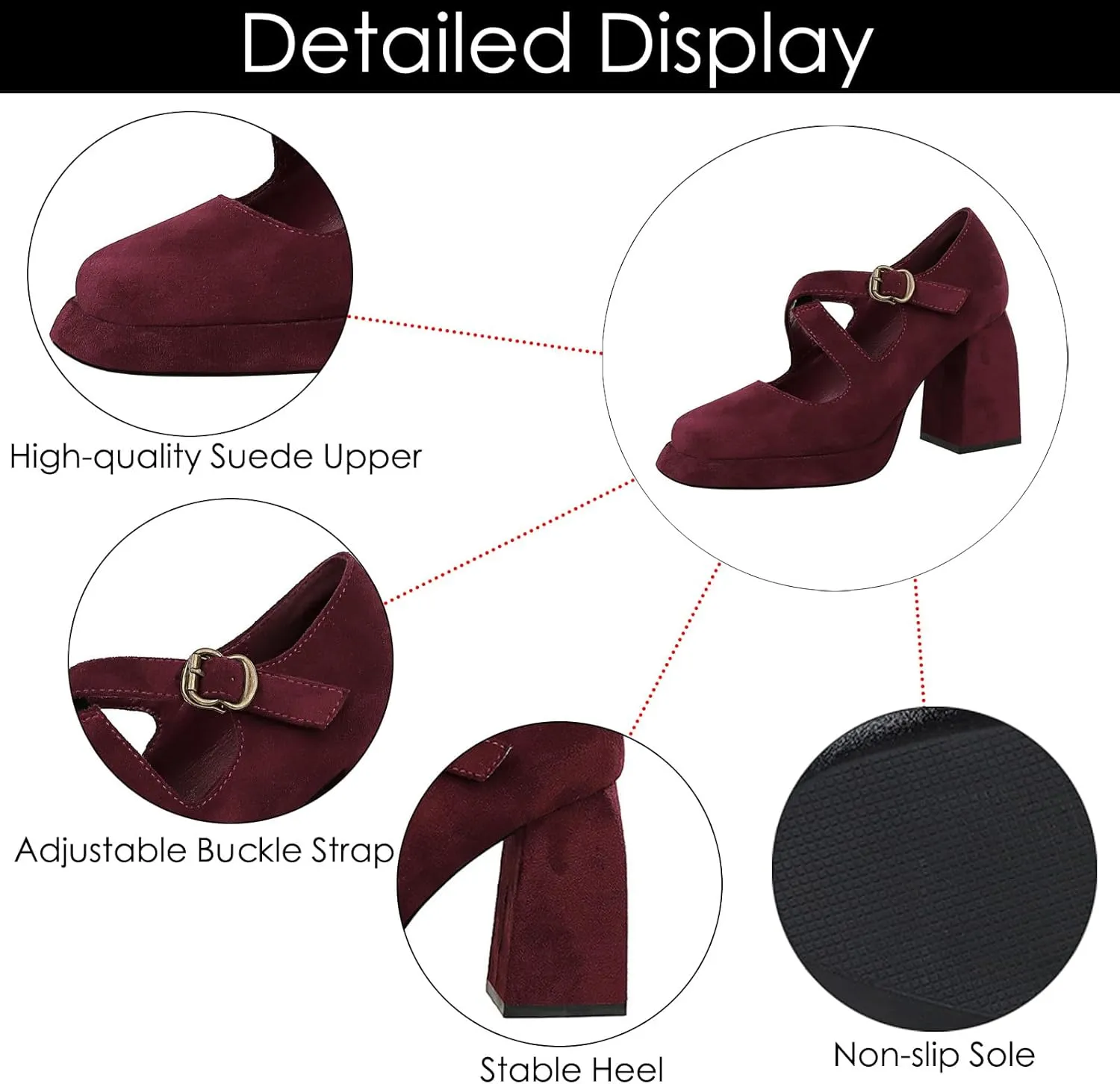 Women's Suede Casual High Chunky Heel Mary Janes Retro Square Closed Toe Adjustable CrossStrap Ankle Buckle Platform Block Heel Dress Pumps Party Work Formal Shoes