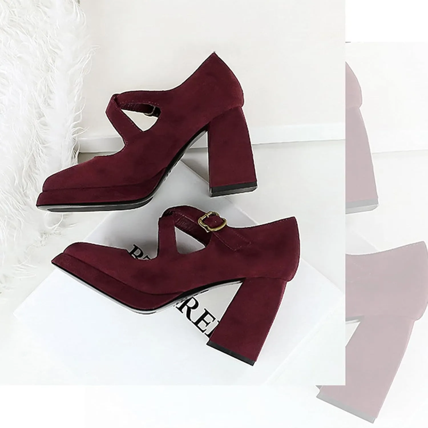 Women's Suede Casual High Chunky Heel Mary Janes Retro Square Closed Toe Adjustable CrossStrap Ankle Buckle Platform Block Heel Dress Pumps Party Work Formal Shoes