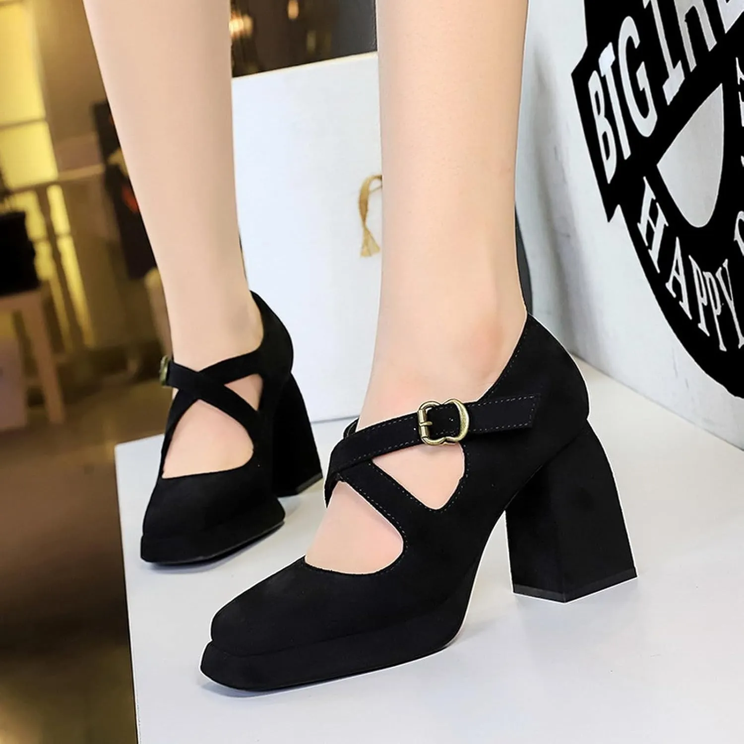 Women's Suede Casual High Chunky Heel Mary Janes Retro Square Closed Toe Adjustable CrossStrap Ankle Buckle Platform Block Heel Dress Pumps Party Work Formal Shoes