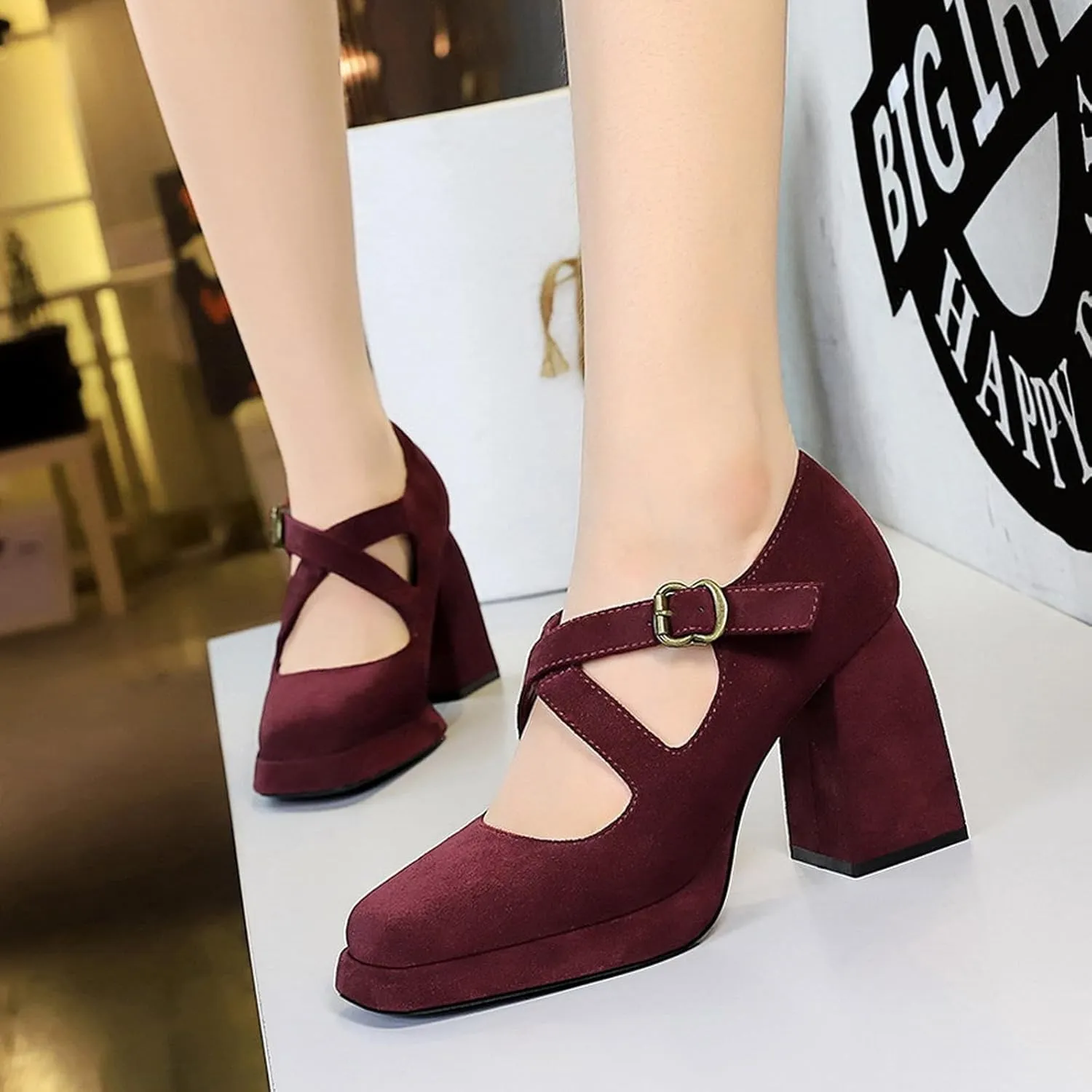 Women's Suede Casual High Chunky Heel Mary Janes Retro Square Closed Toe Adjustable CrossStrap Ankle Buckle Platform Block Heel Dress Pumps Party Work Formal Shoes