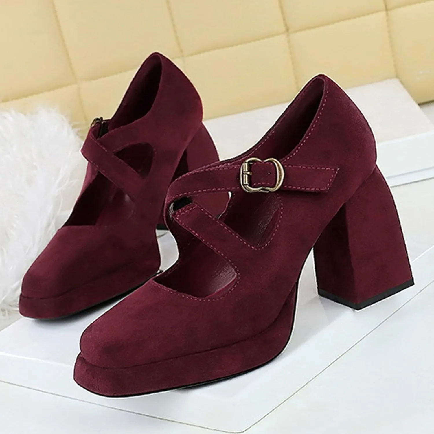 Women's Suede Casual High Chunky Heel Mary Janes Retro Square Closed Toe Adjustable CrossStrap Ankle Buckle Platform Block Heel Dress Pumps Party Work Formal Shoes