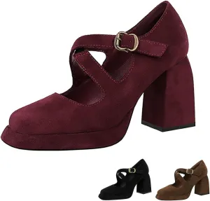 Women's Suede Casual High Chunky Heel Mary Janes Retro Square Closed Toe Adjustable CrossStrap Ankle Buckle Platform Block Heel Dress Pumps Party Work Formal Shoes