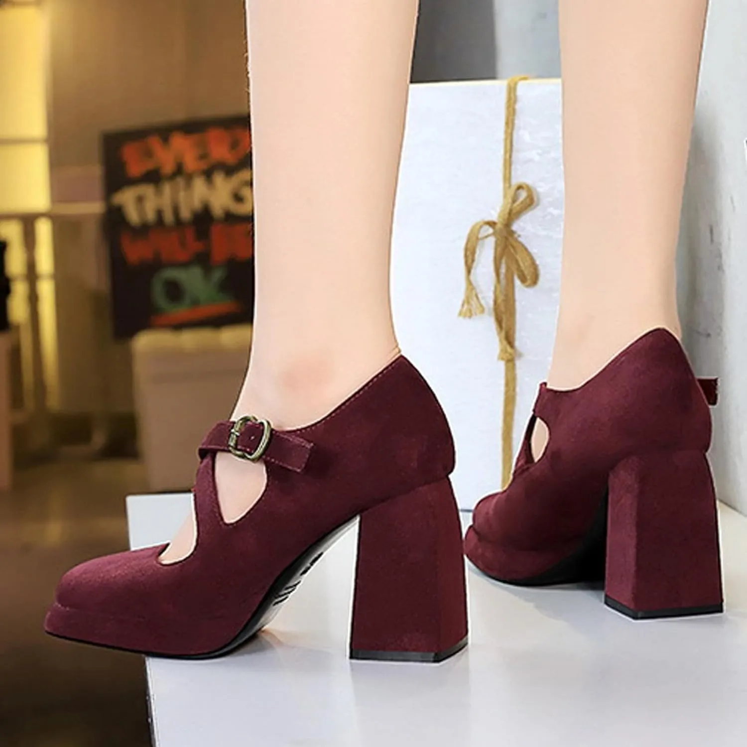 Women's Suede Casual High Chunky Heel Mary Janes Retro Square Closed Toe Adjustable CrossStrap Ankle Buckle Platform Block Heel Dress Pumps Party Work Formal Shoes