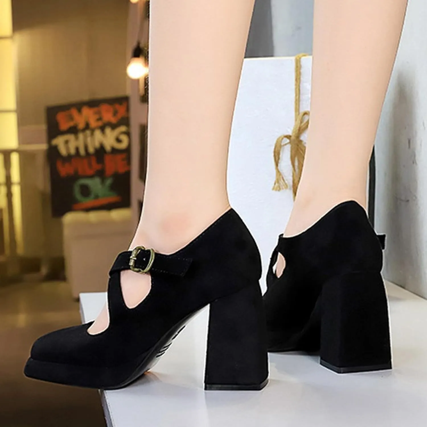 Women's Suede Casual High Chunky Heel Mary Janes Retro Square Closed Toe Adjustable CrossStrap Ankle Buckle Platform Block Heel Dress Pumps Party Work Formal Shoes