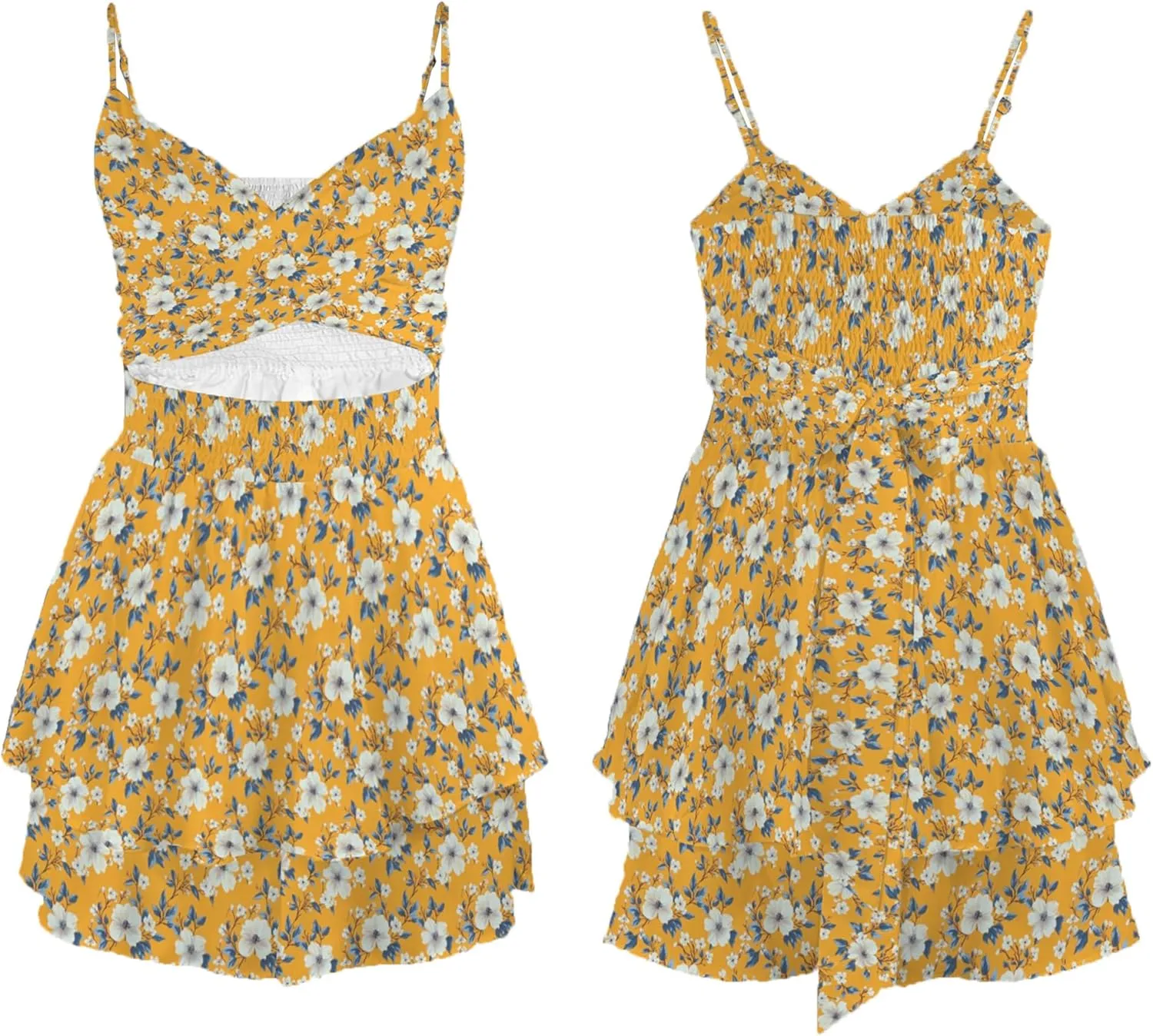 Womens' Summer 2025 V Neck Twist Ruffle Hem Shorts Romper Bow tie Casual Vacation Outfits Floral Dress