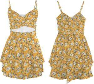 Womens' Summer 2025 V Neck Twist Ruffle Hem Shorts Romper Bow tie Casual Vacation Outfits Floral Dress