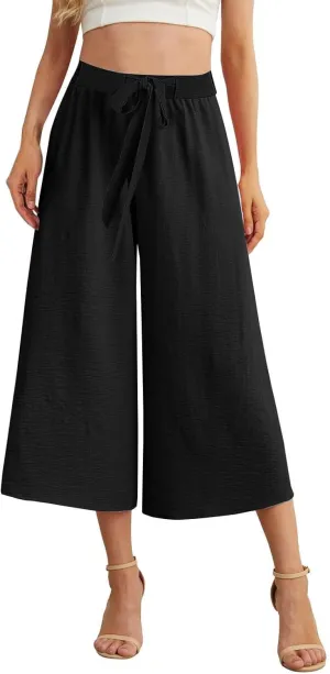 Womens Summer 3/4 Pants Flowy High Waisted Loose Casual Lounge Pant Wide Leg Palazzo Capris Adjustable Pockets S-XXL