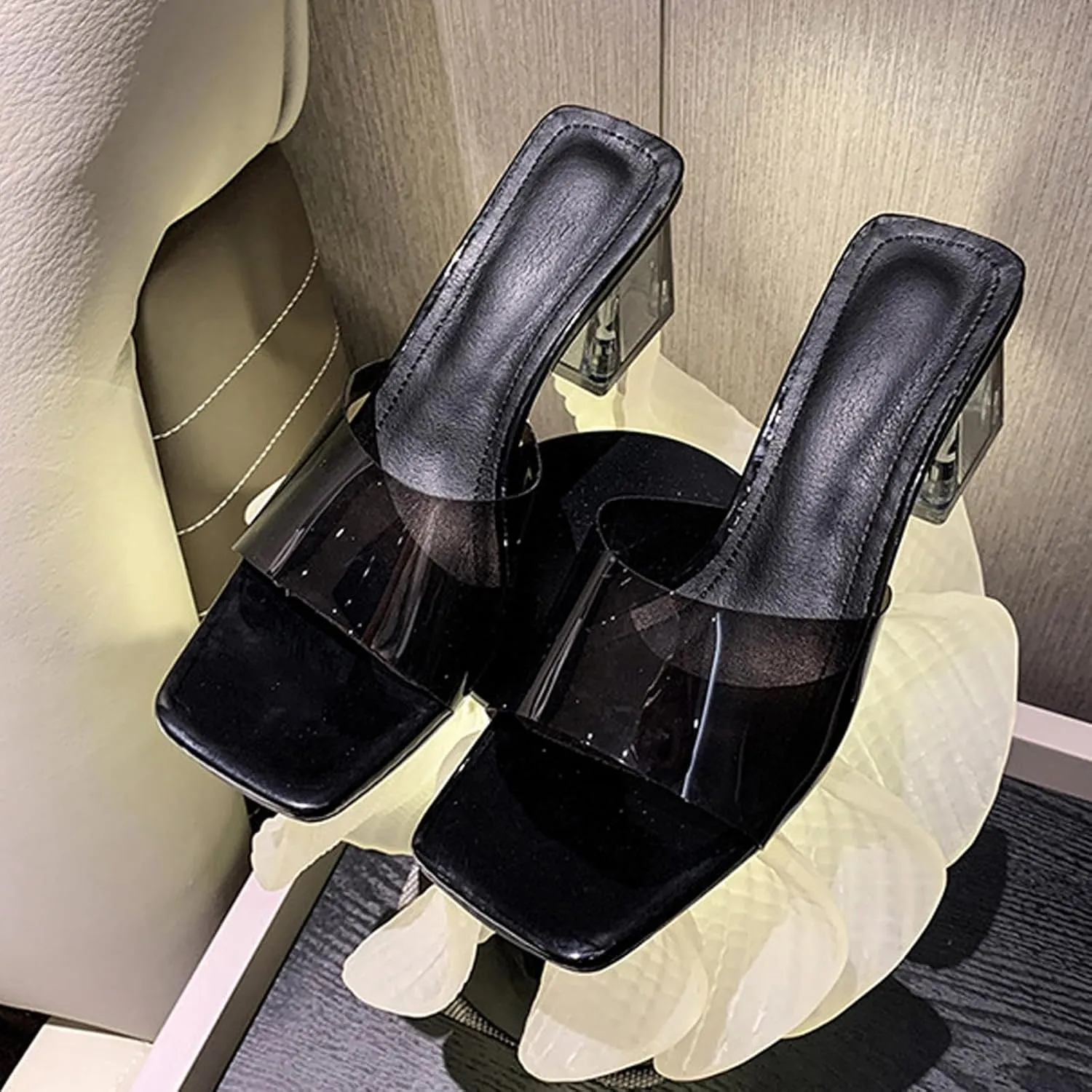 Women's Transparent Square Head Open Toe Chunky Heel High Heels Sandals Fashion Backless Non-Slip Transparent Low Block Heel Mules Heeled Slipper Sexy Dress Slip-On Formal Shoes