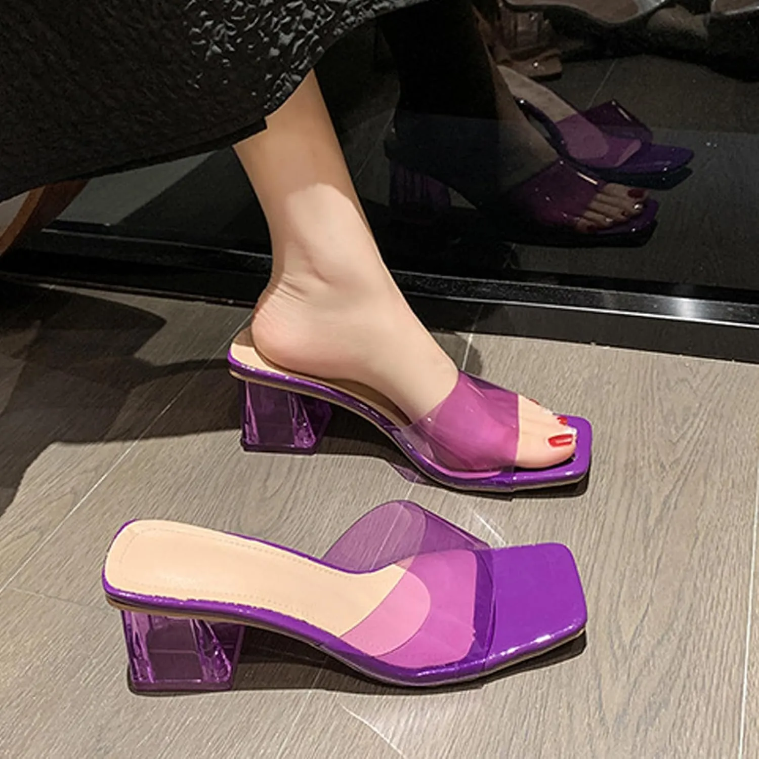 Women's Transparent Square Head Open Toe Chunky Heel High Heels Sandals Fashion Backless Non-Slip Transparent Low Block Heel Mules Heeled Slipper Sexy Dress Slip-On Formal Shoes
