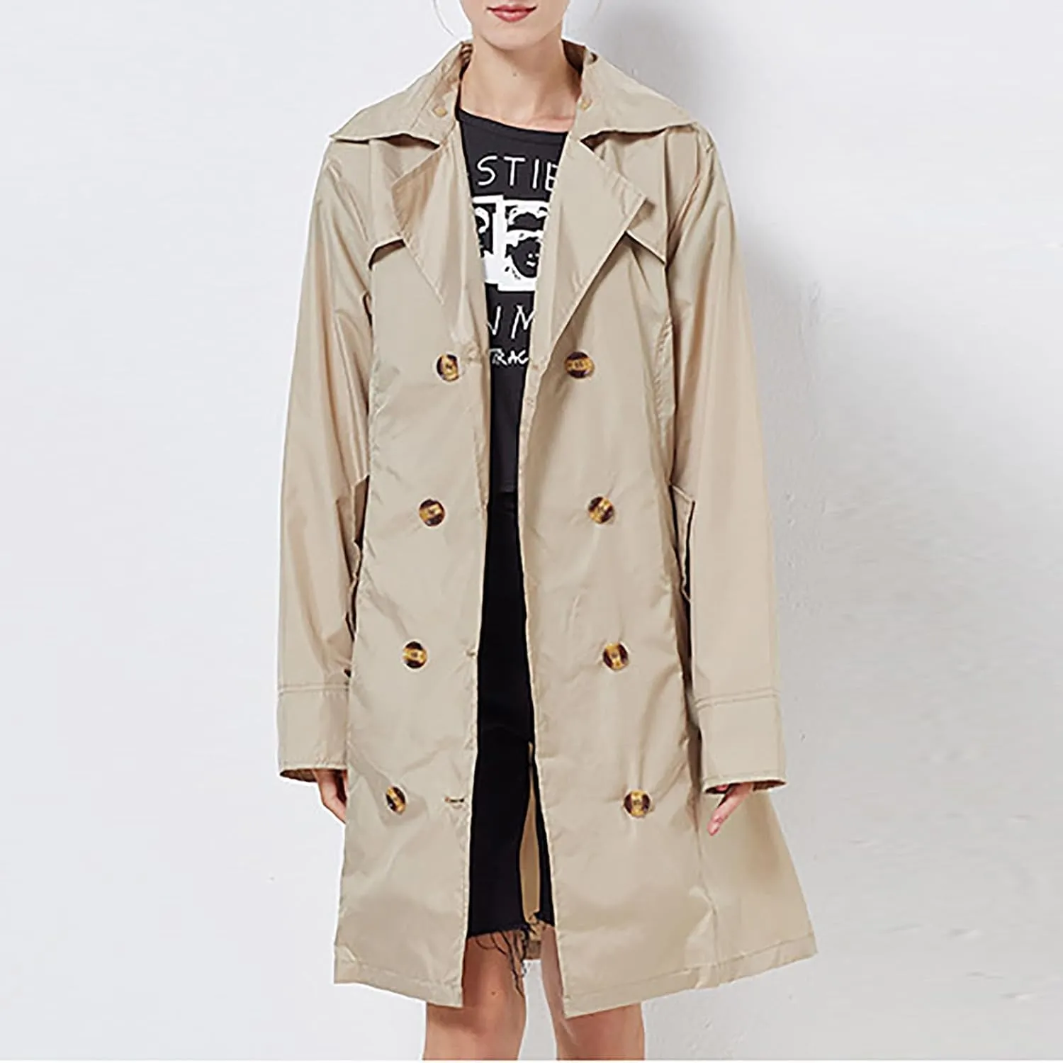 Women's Trench Coat Double-Breasted Classic Notched Lapel Overcoat Belted Slim Outerwear Coat with Detachable Hood