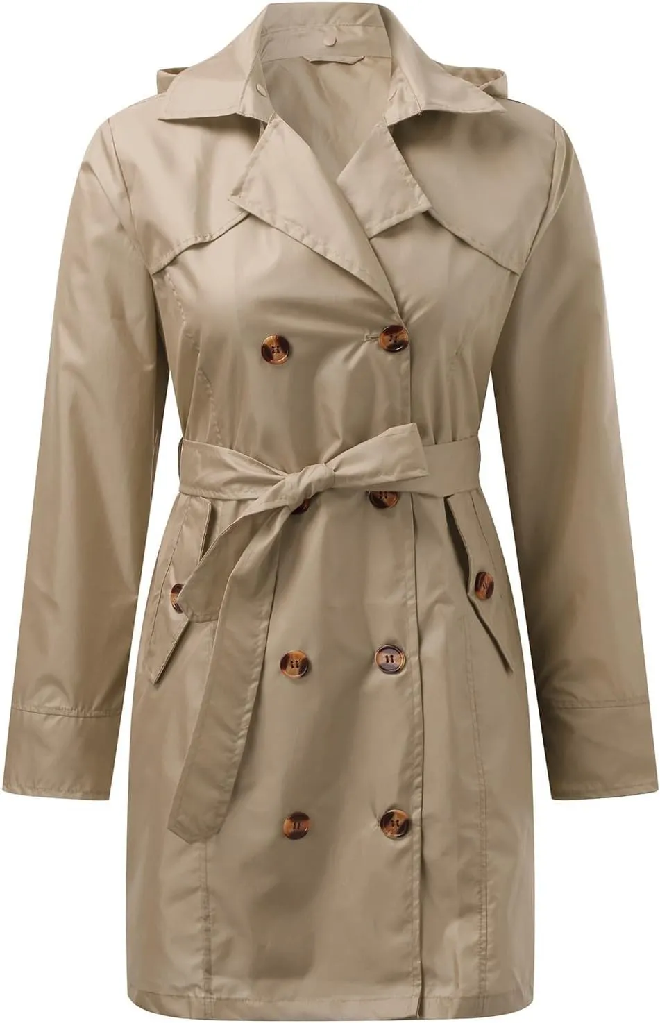 Women's Trench Coat Double-Breasted Classic Notched Lapel Overcoat Belted Slim Outerwear Coat with Detachable Hood