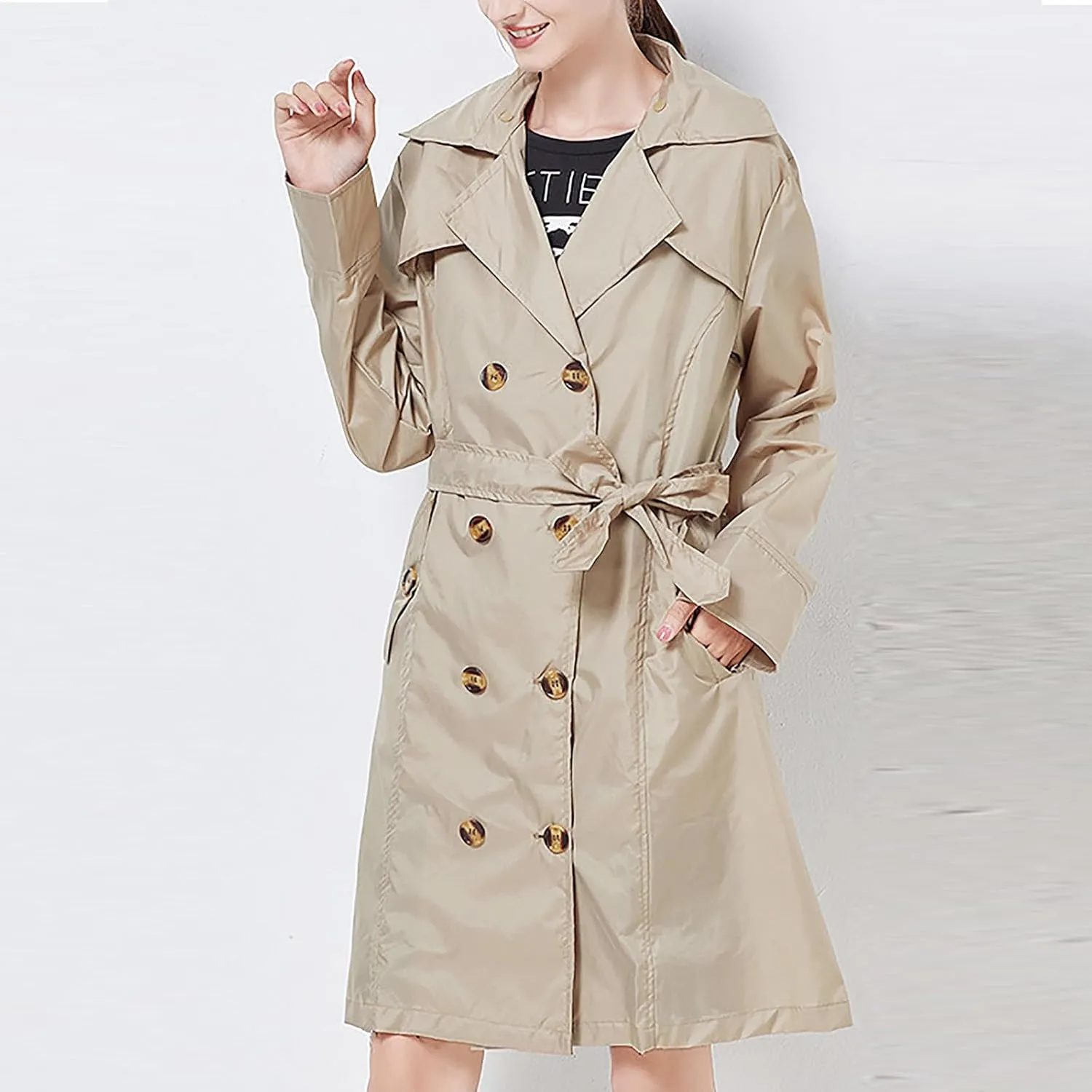 Women's Trench Coat Double-Breasted Classic Notched Lapel Overcoat Belted Slim Outerwear Coat with Detachable Hood