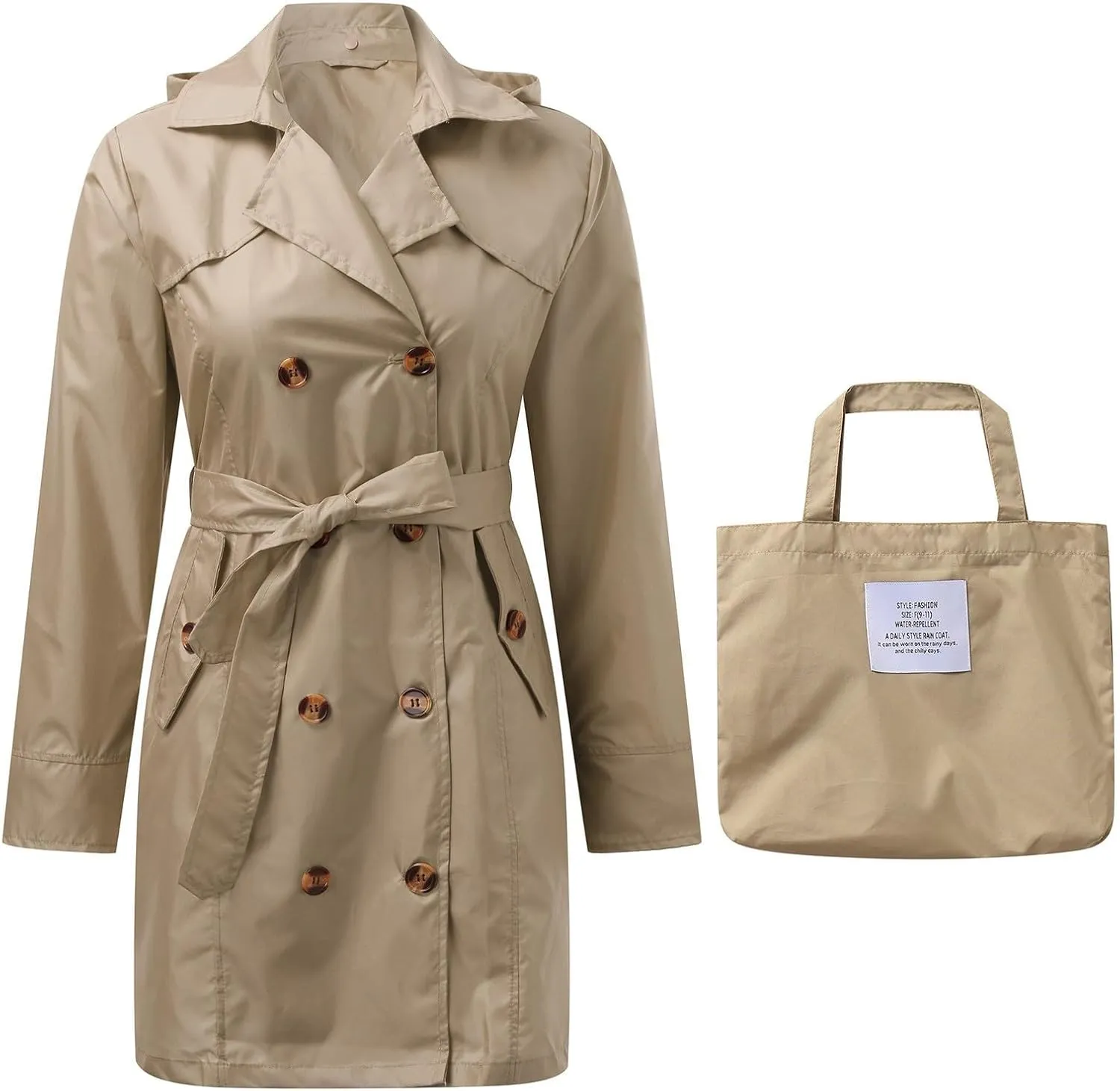 Women's Trench Coat Double-Breasted Classic Notched Lapel Overcoat Belted Slim Outerwear Coat with Detachable Hood