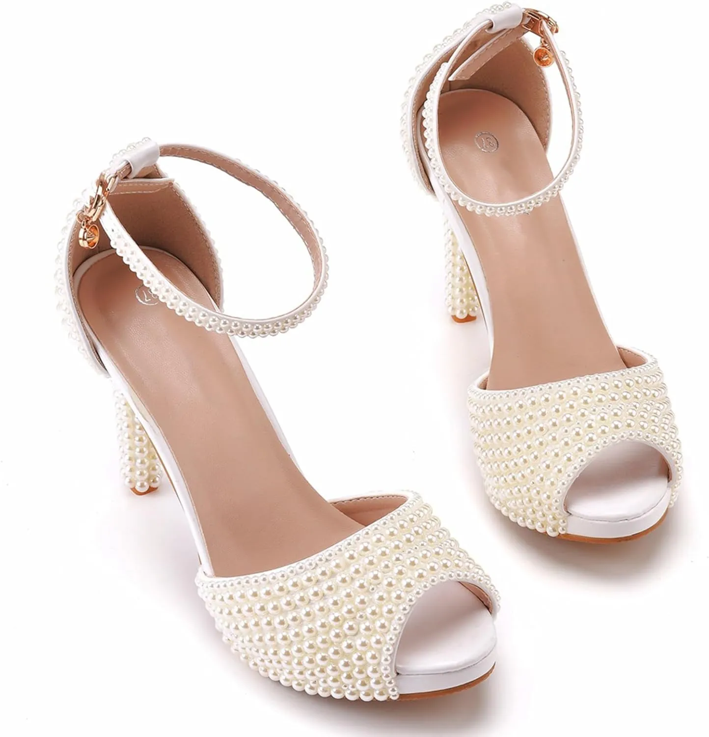 Women's Wedding Shoes, 10 Cm Pearl High Heels Sandals Hollow Pumps Comfortable Fish Mouth Water Platform Banquet Dress Shoes,34 EU,Beige
