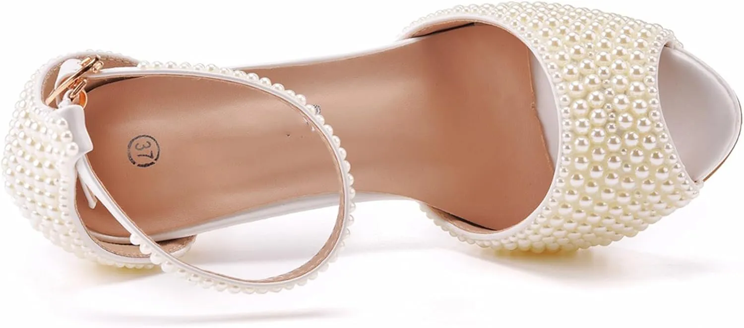 Women's Wedding Shoes, 10 Cm Pearl High Heels Sandals Hollow Pumps Comfortable Fish Mouth Water Platform Banquet Dress Shoes,34 EU,Beige