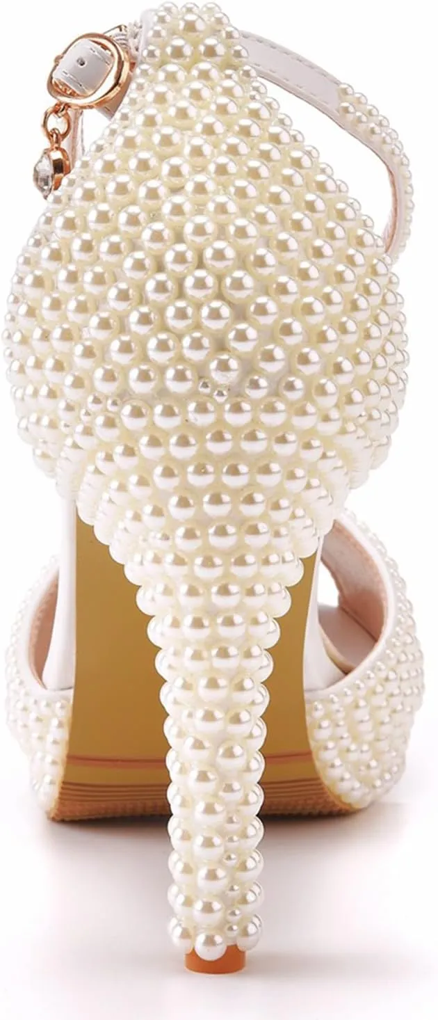 Women's Wedding Shoes, 10 Cm Pearl High Heels Sandals Hollow Pumps Comfortable Fish Mouth Water Platform Banquet Dress Shoes,34 EU,Beige