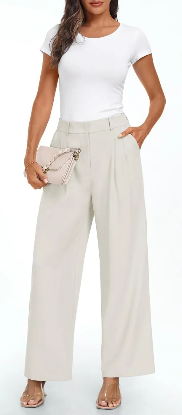 Women's Wide Leg Dress Pants High Elastic Waisted Casual Loose Fit Business Work Trousers with Pockets