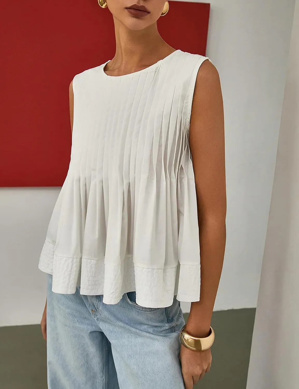 Wyeysyt Womens Pleated Peplum Tops Summer Sleeveless Ruffled Tank Tops Babydoll Blouse Casual Shirred Flowy Shirts