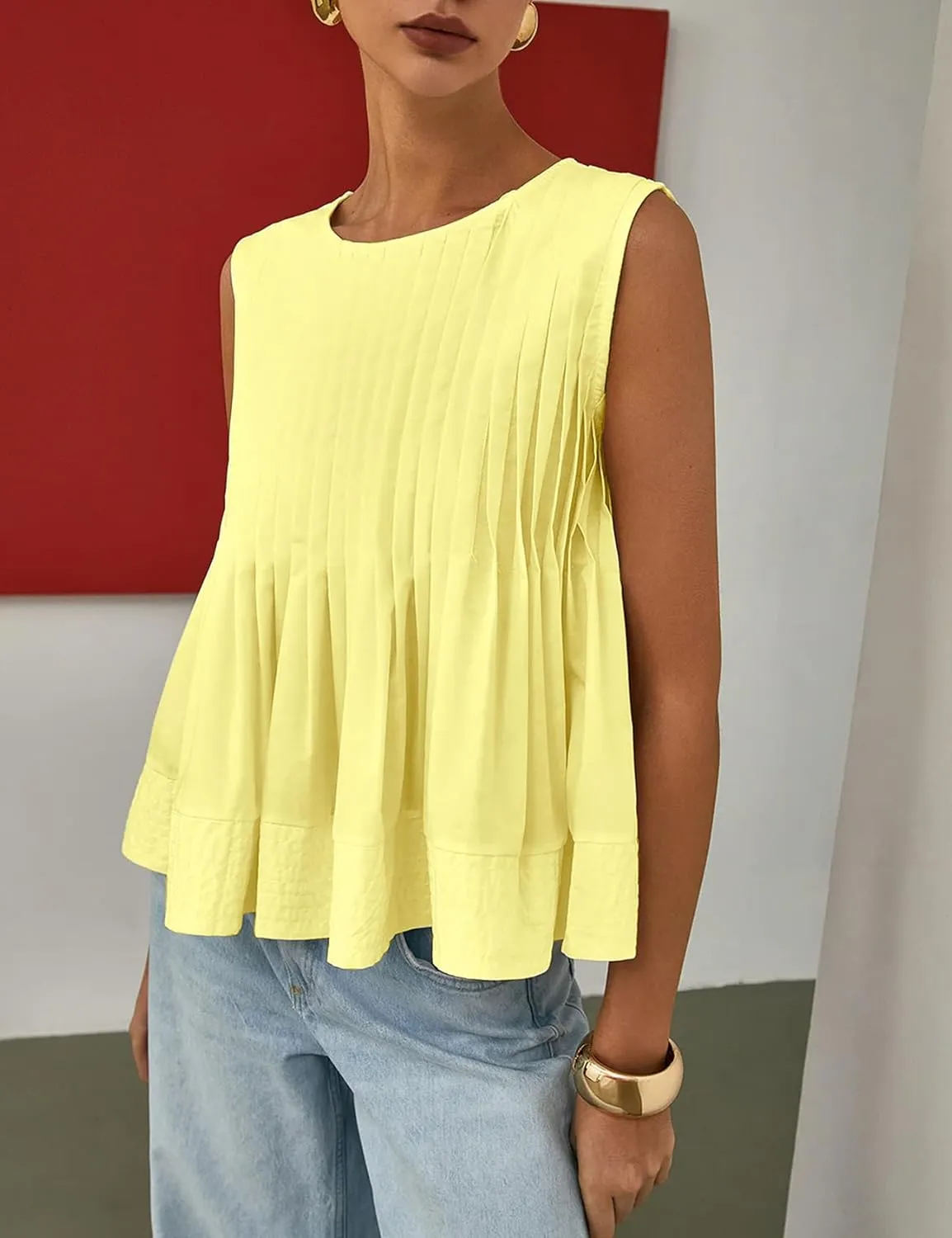 Wyeysyt Womens Pleated Peplum Tops Summer Sleeveless Ruffled Tank Tops Babydoll Blouse Casual Shirred Flowy Shirts