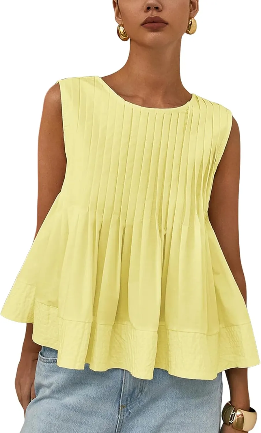 Wyeysyt Womens Pleated Peplum Tops Summer Sleeveless Ruffled Tank Tops Babydoll Blouse Casual Shirred Flowy Shirts