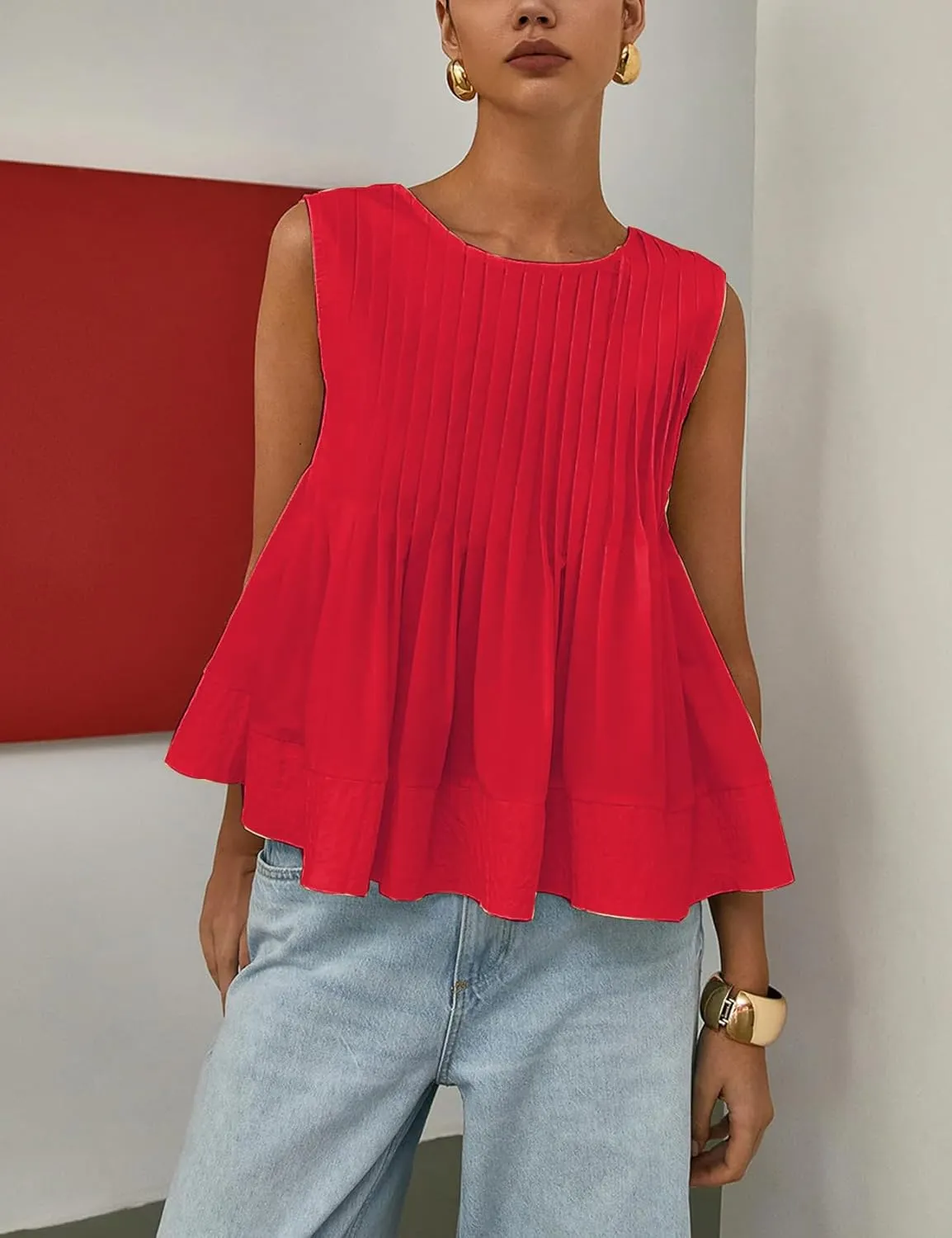 Wyeysyt Womens Pleated Peplum Tops Summer Sleeveless Ruffled Tank Tops Babydoll Blouse Casual Shirred Flowy Shirts