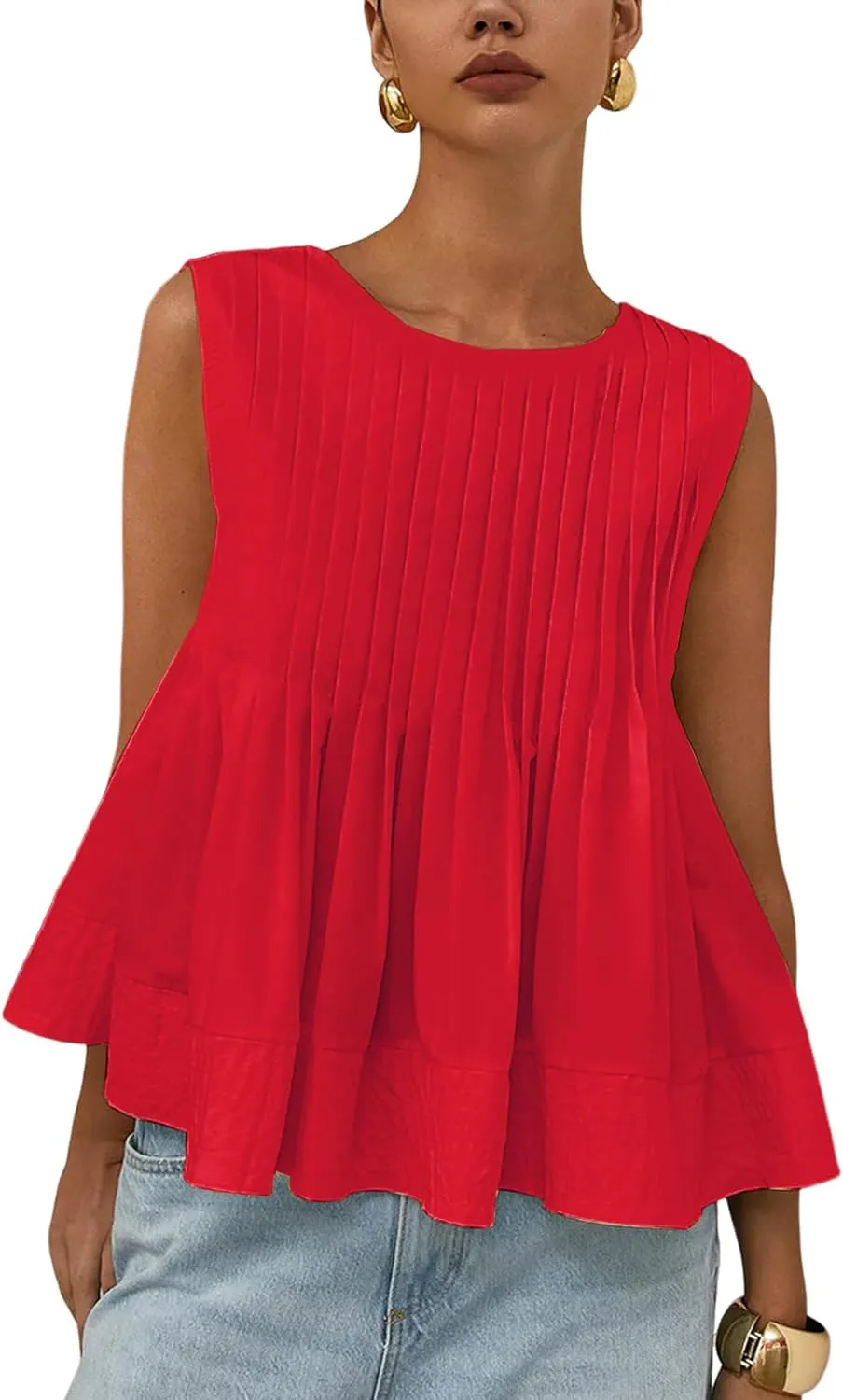 Wyeysyt Womens Pleated Peplum Tops Summer Sleeveless Ruffled Tank Tops Babydoll Blouse Casual Shirred Flowy Shirts
