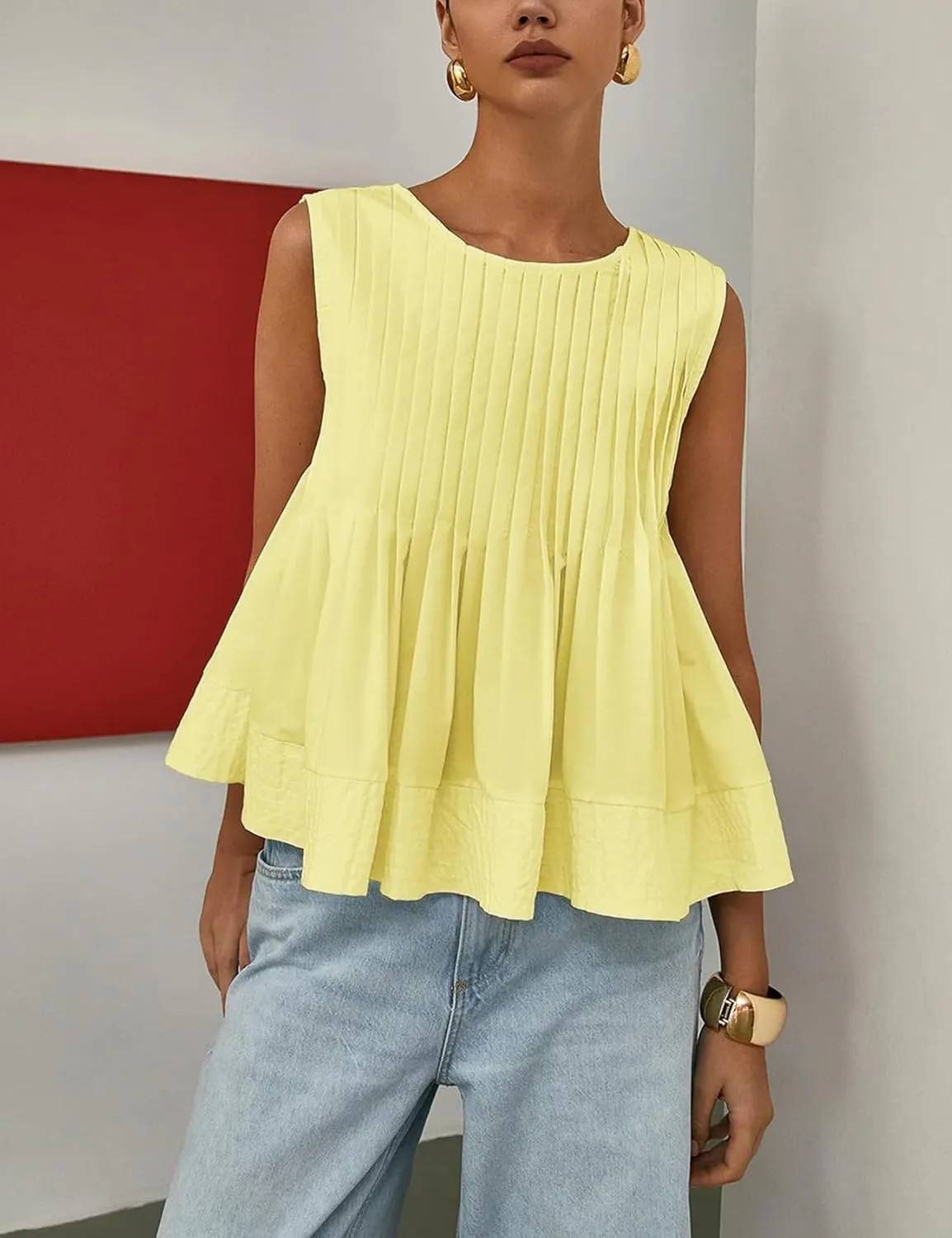 Wyeysyt Womens Pleated Peplum Tops Summer Sleeveless Ruffled Tank Tops Babydoll Blouse Casual Shirred Flowy Shirts
