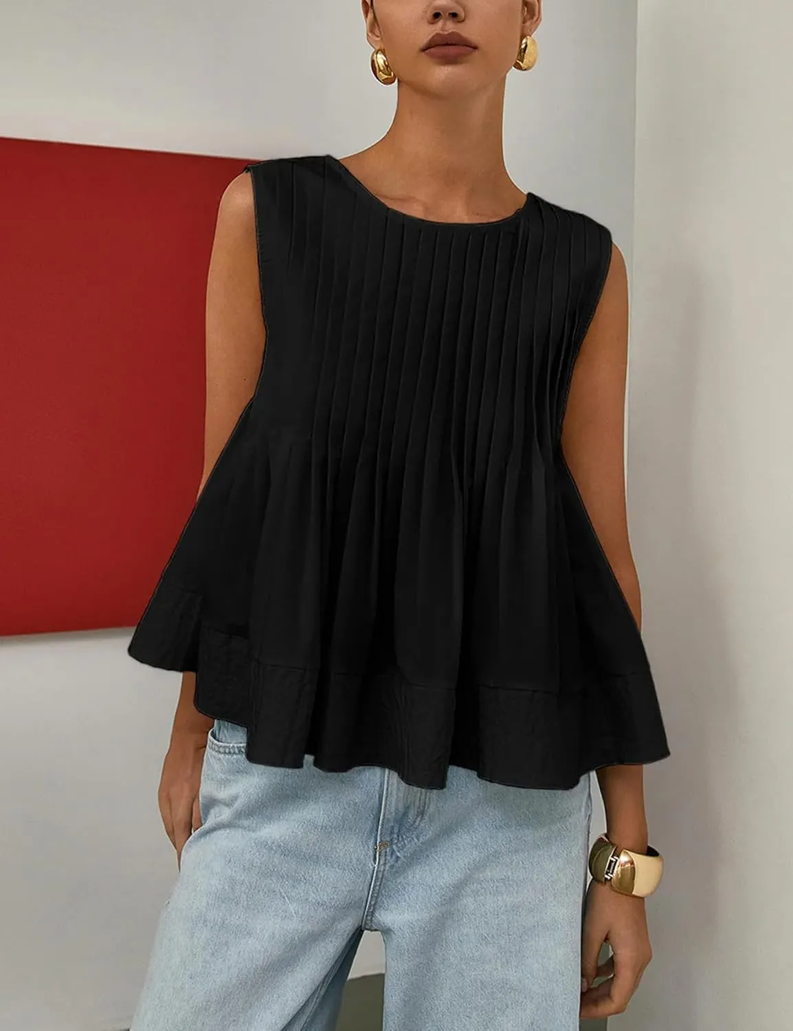 Wyeysyt Womens Pleated Peplum Tops Summer Sleeveless Ruffled Tank Tops Babydoll Blouse Casual Shirred Flowy Shirts